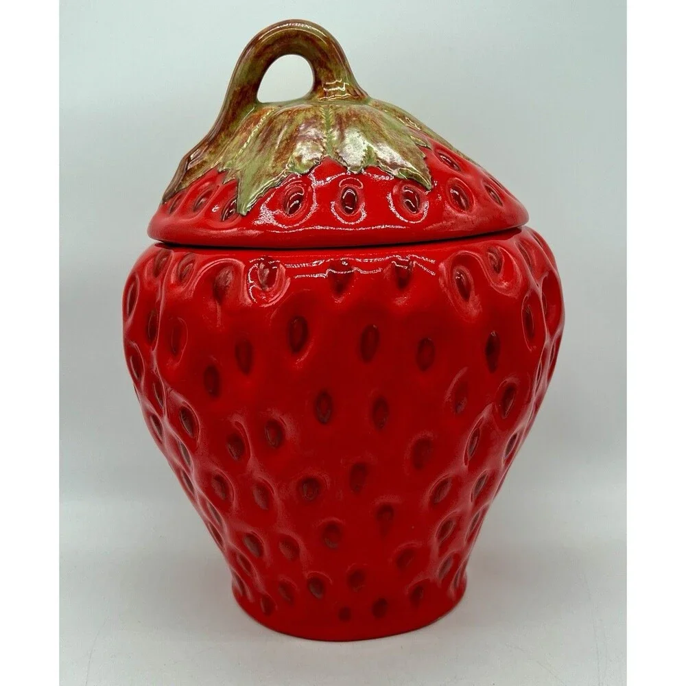 LARGE Strawberry Shaped  Canister Cookie Jar 11